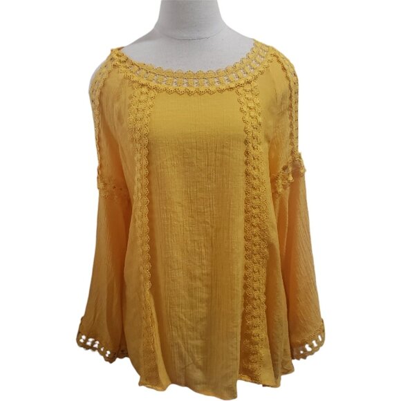 CT1812 Yellow Open Shoulder Lace Long Sleeve Blouse M - Picture 1 of 5